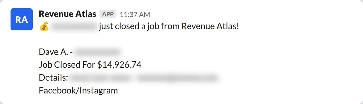 Slack screenshot: Revenue Atlas bot posts a $14,927 closed job from a PaintLaunch client, August 2026. Company name blurred for privacy.