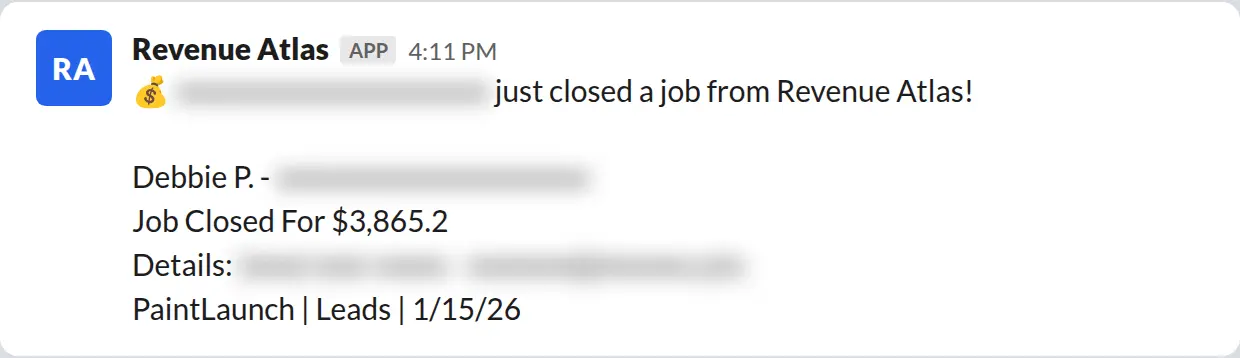 Slack screenshot: Revenue Atlas bot posts a $3,865 closed job from a PaintLaunch client, August 2026. Company name blurred for privacy.